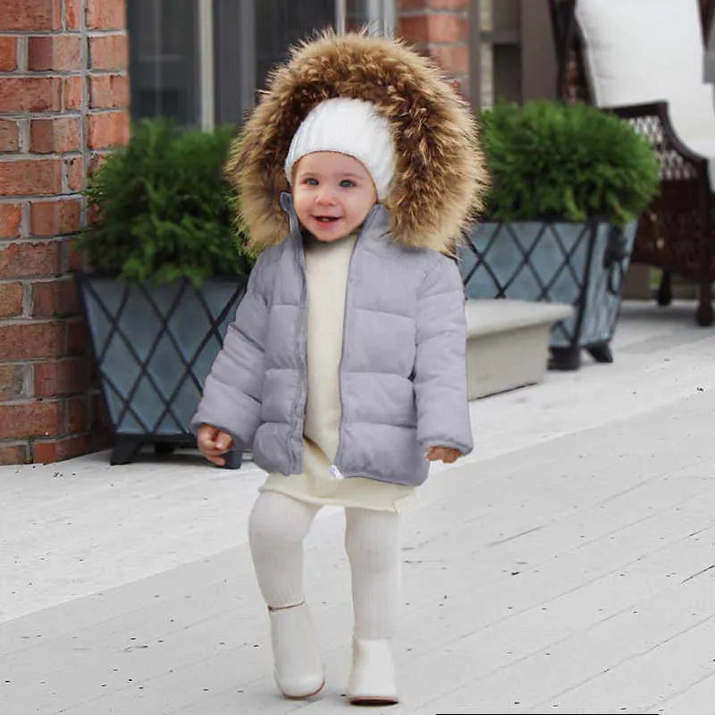 Зимний пуховик для маленьких мальчиков и девочек, толстая хлопковая подкладка, пальто с меховым капюшоном для малышей, однотонный снежный костюм, одежда на молнии, 17 лет 2108277630513