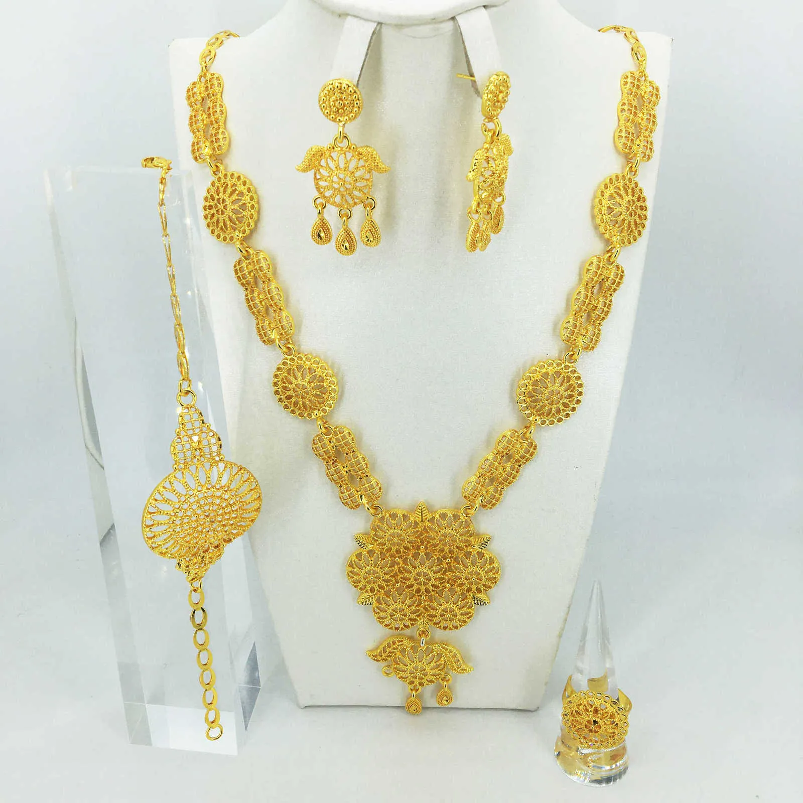 Mode Hochzeit Braut Kristall Schmuck Sets Afrikanische Perlen Dubai Gold Farbe Statement Schmuck Kostüm 211015