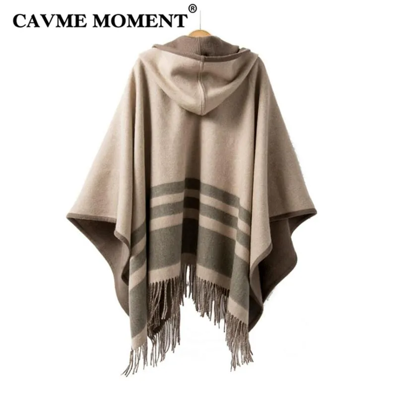 Écharpes CAVME Poncho de laine à capuche avec des glands pour femmes dames châles en couleur café beige hiver chaud 100% laine rayée enveloppes 330g