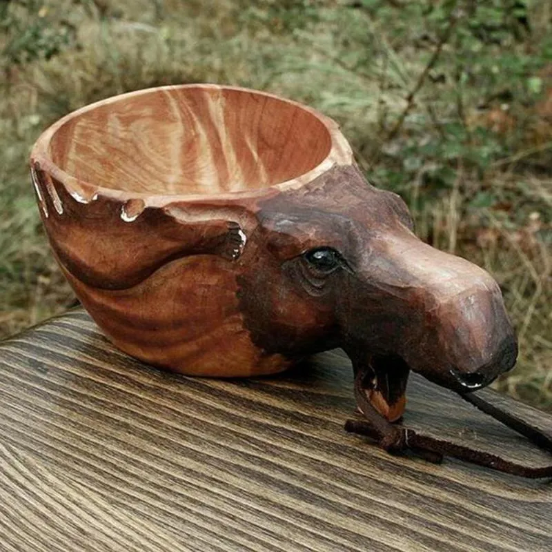 マグカクサの手彫り木製マググクシ動物ヘッドイメージカップ動物型ポータブルキャンプ飲料264c