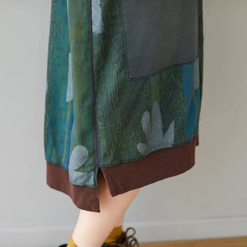 Johnature Autumn Patchwork Pockets Fashion Floral Print Irregular Hooded Dress Loose Comfortable Plus Size Women Dress 210521