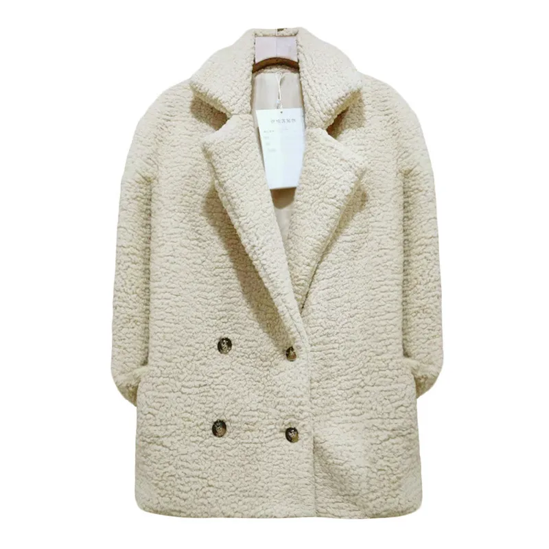 Casual Teddy Coat Donna Autunno Inverno Risvolto Doppiopetto Plus Size Giacca in pelliccia sintetica calda Donna Tasca allentata Peluche Outwear 210507