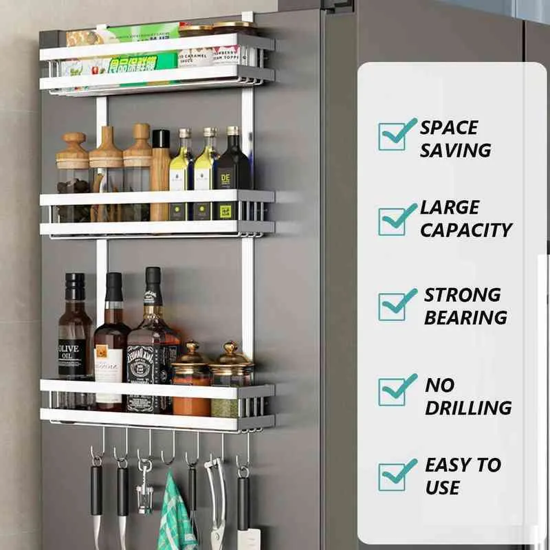 3 Tier Multi-fonctionnel Réfrigérateur Rack De Stockage Réfrigérateur Étagère Paroi Latérale Titulaire Suspendu Cuisine Assaisonnement Organisateur Accrocher Étagère 211215