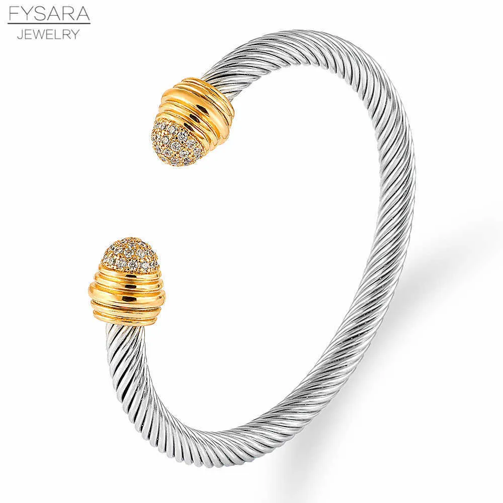 Pulseira de corda de arame empilhável de luxo FYSARA para casamento feminino com zircônia cúbica cristal CZ Dubai cor prata pulseira de festa 210609