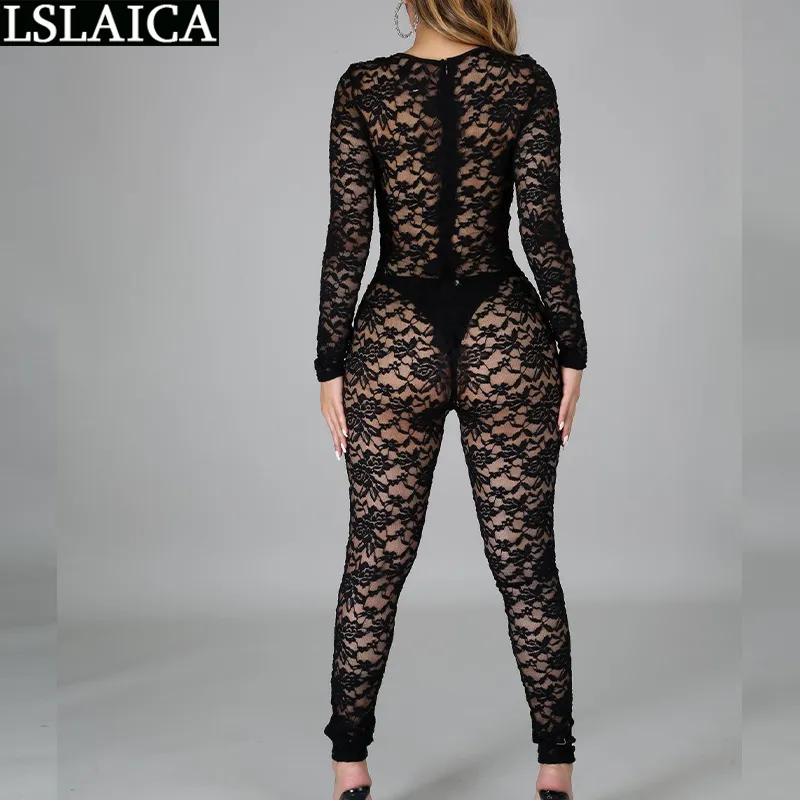 Jumpsuit Women Night Club Fashion Bodysuit Sexy Hollow Out Black Lace Hole Long Sleeve Zipper Bodys Para Mujer 210520