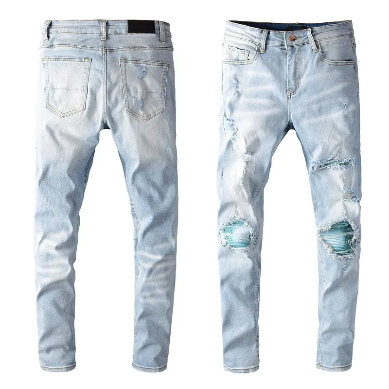 Jeans pour hommes Lilght Blue Ripped Hole Skinny Slim Pantalons en denim Hip Hop de haute qualité Pantalons de mode