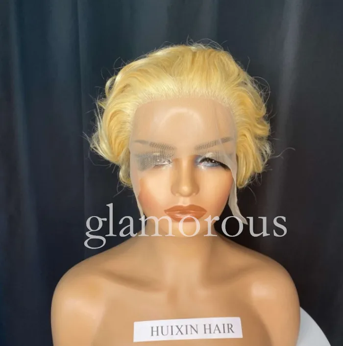 13x1 Dantel Pixie Kesim Brezilyalı Tutkalsız İnsan Saç Peruk Kadınlar için Vücut Dalga 613 Sarışın Kısa Bob Peruk