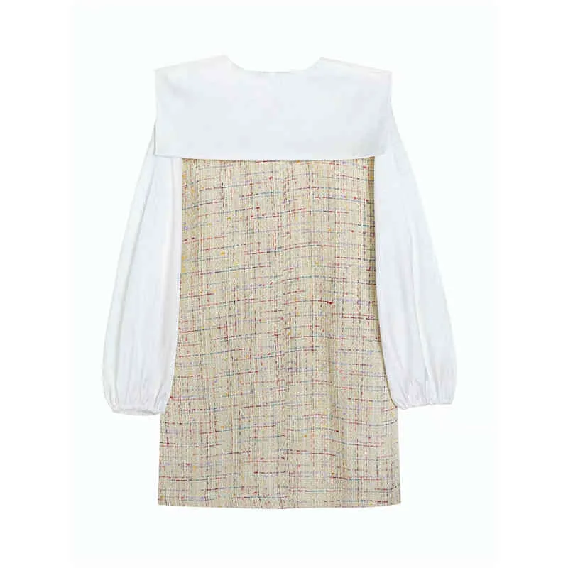 Femmes élégantes laine patchwork robe mode dames col rabattu mini streetwear femme chic kaki plaid es 210427