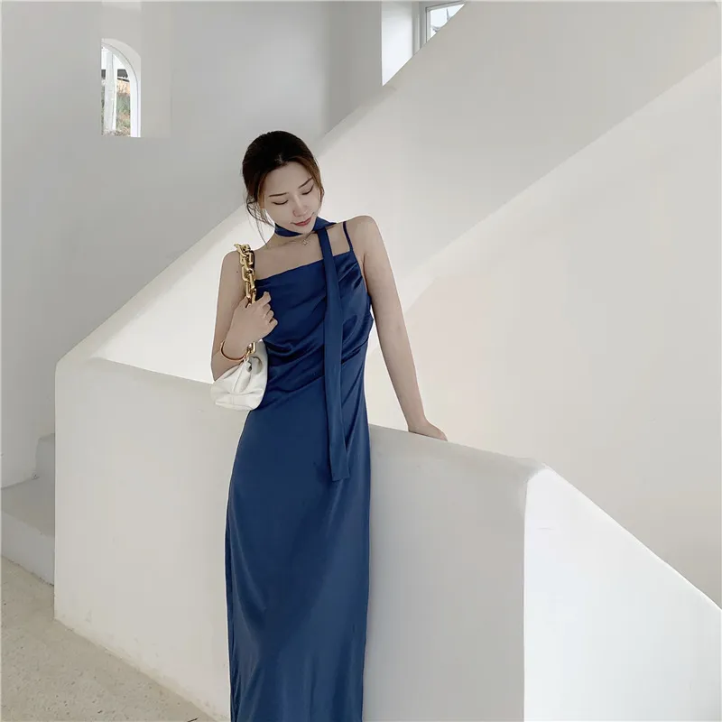 Women's Summer Sundresses Blue Satin Dress Holiday Folds High Waist Sexy Spliting Spaghetti Strap Femme Robe 210514