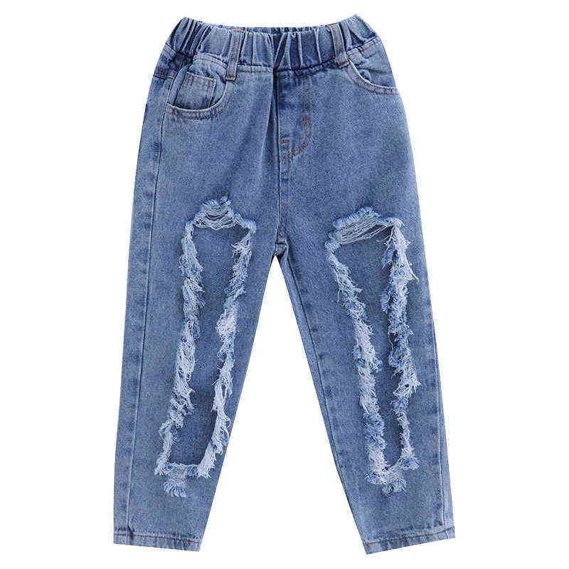 Jeans de verão jargazol para meninas moda buraco quebrado denim calças pequenas roupas adolescentes calças crianças roupas 211102