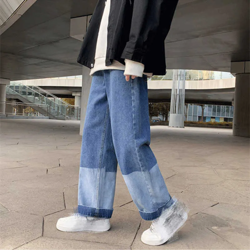 Men Jeans Denim Patchwork Gradient Color Straight Wide Leg Loose Plus Size 3XL Fashion Casual Students Streetwear All-match New X0621