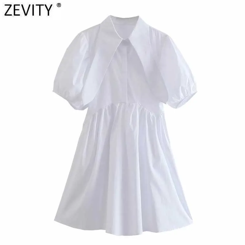 Zevity Mujeres Dulce Color Sólido Pliegues Poplin Mini Vestido Chic Linterna Manga Casual Vestidos Mujer Ocio Una Línea Vestidos DS8296 210603