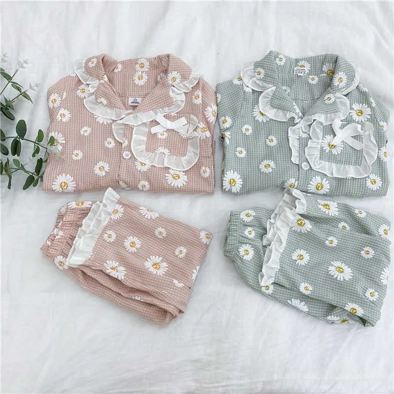 Lente Baby Pyjama Sets Roze Blauw Daisy Lace Collar Home Past Slaap Zweer Kinderkleding E5032 210610