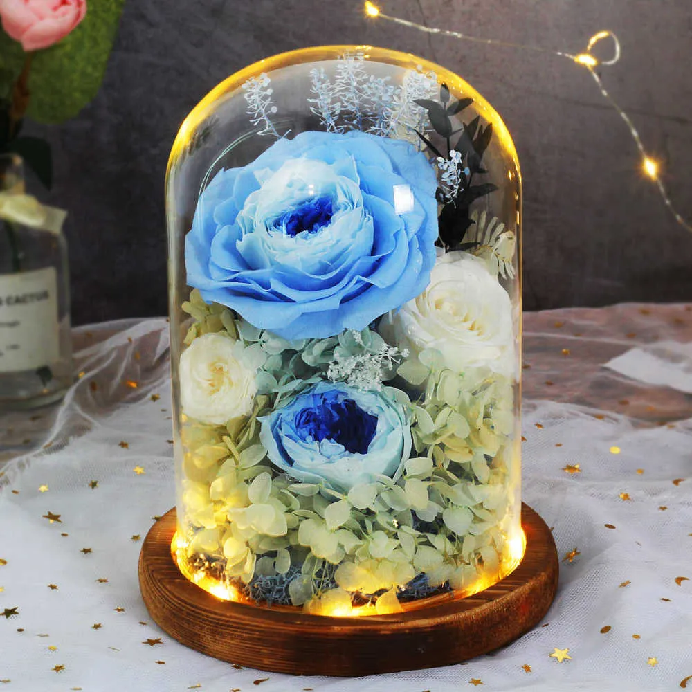 Valentin Mother Muadding Party Gift Conserved Rose Immortal Flowers in Glass Dome with Lamp Flowers Home Decoration Q08126839263
