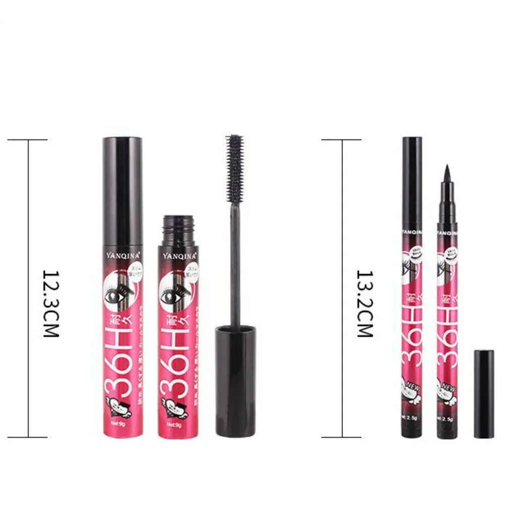 Czarny Mascara + Eyeliner Ołówek Makeup Zestaw Jedwabnych Włókno 2 w 1 Przedłużyć grube rzęsy Slim Grube Curling Waterproof Cosmetics Kit