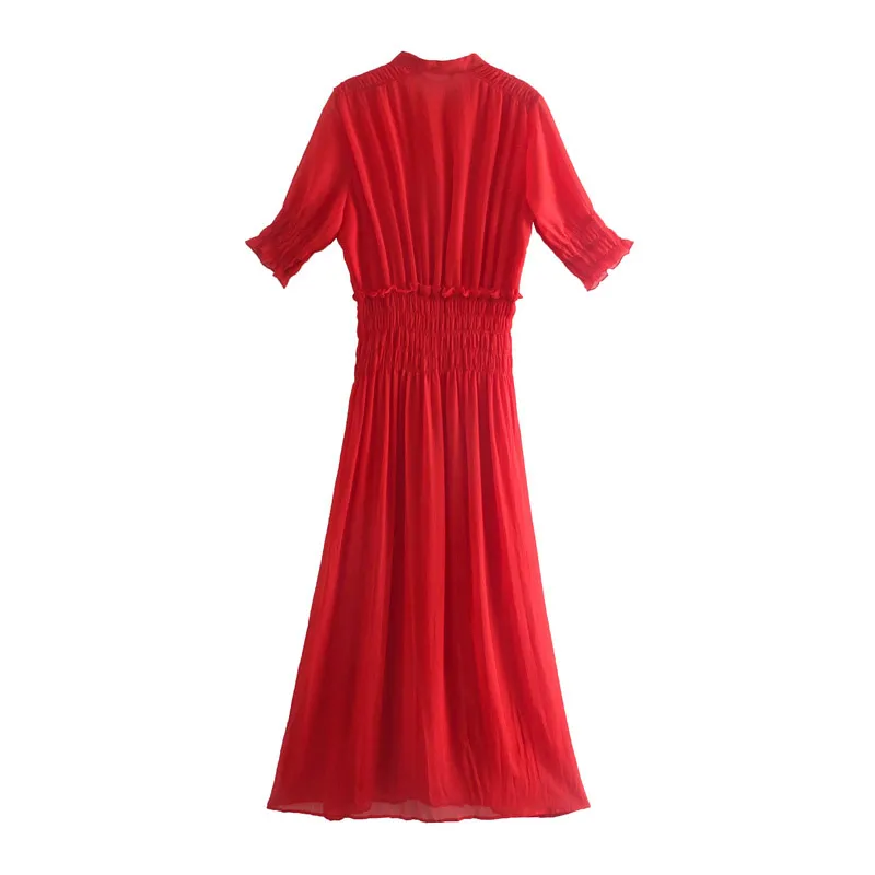 Mode Röd Ruffled Midi Dress Kvinnor Sommar V Neck Kortärmad Kvinna Es Lined Vestido Feminino 210430