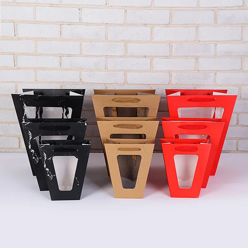 Portable Trapezoid Flower Gifts Paper Bag Handheld Transparent Window Gift Package Containers FOR Wedding Party