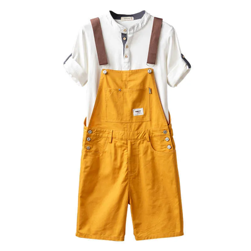 Sommar män bib byxor solid färg casual shorts jumpsuits streetwear joggers multi fickor mode suspenders cargo overalls 210721