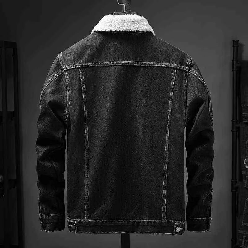 Streetwear Men Hiver Hiver Wool Velvet Dougleur Denim Vestes Man Simple Solid Casual Motorcycle Jeans Entrewear Coat 211217