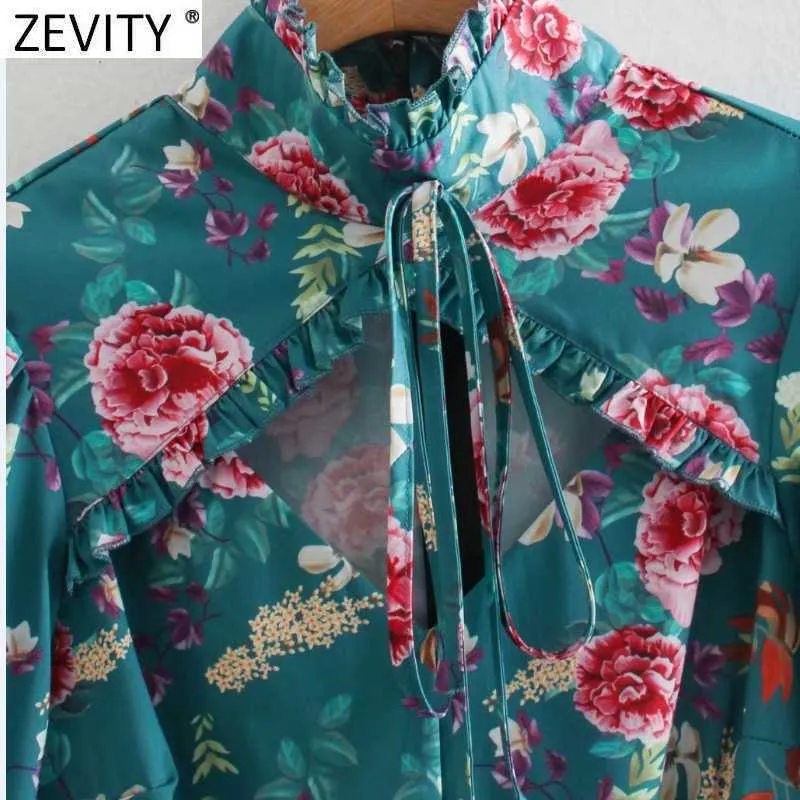 Zevity Women Sweet Agarciレースのフリル中空アウト花柄ミニドレスFemme Bow Tieカジュアルスリムヴェスティドコート服DS4900 210603