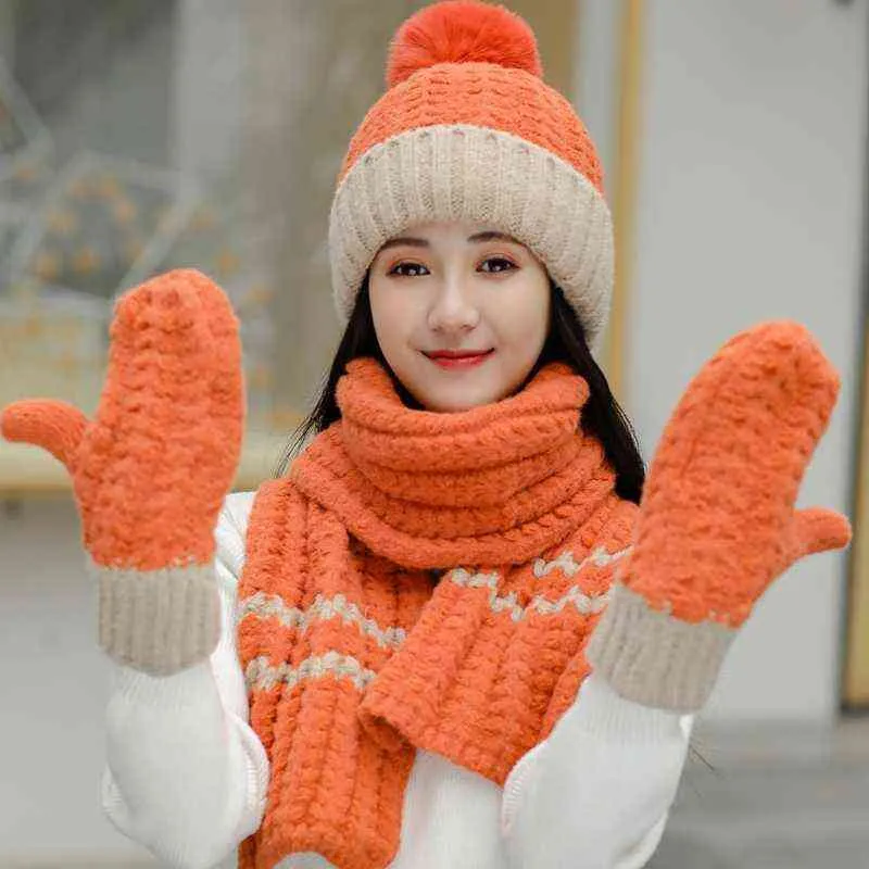Femmes hiver 3 pièces pompon bonnet chapeau longue écharpe gants ensemble contraste couleur gros tricot peluche doublé crâne casquette cou plus chaud