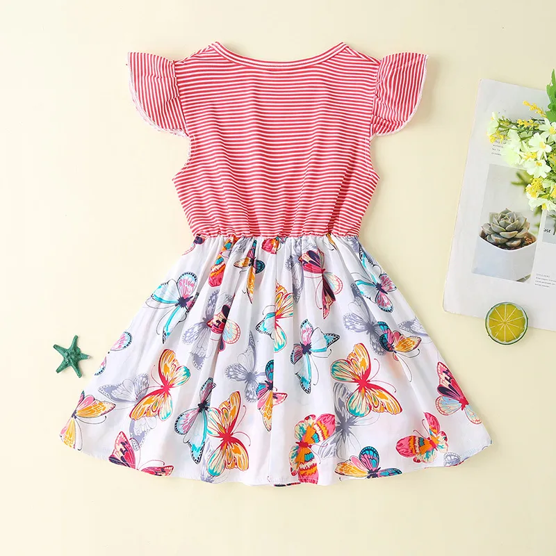 Summer Dress Girl Butterfly Stripes Original Short-sleeved Toddler Children Clothes 2-6Y 210515