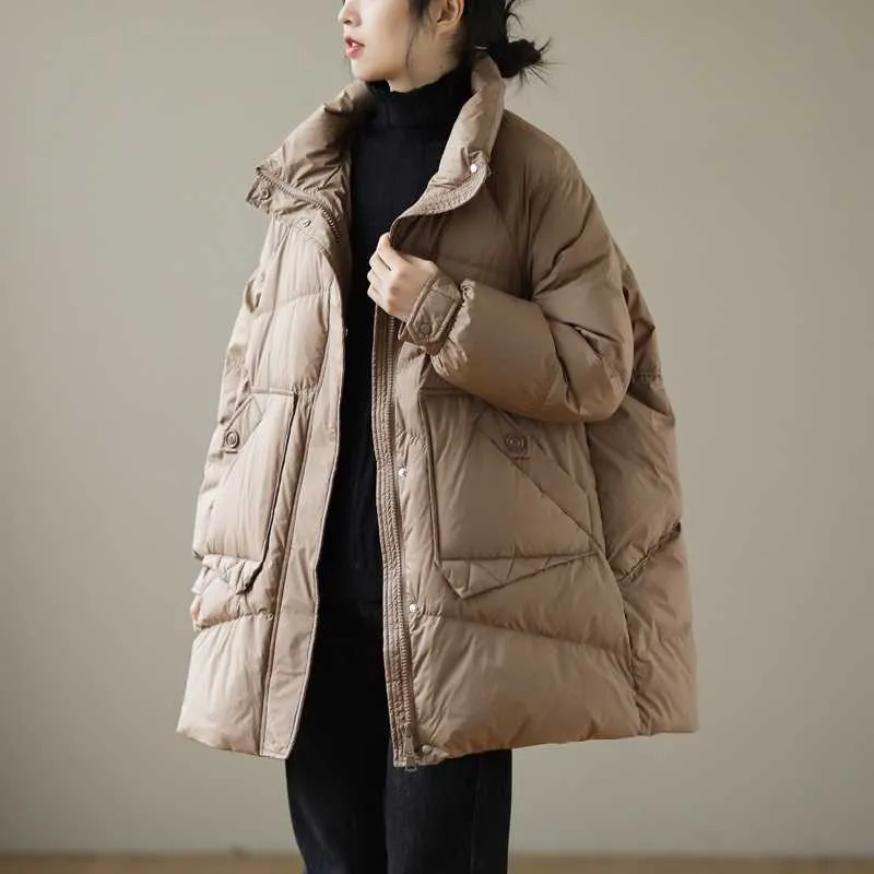 Janveny Winter秋のパフのジャケットの女性90％ホワイトアヒルダウンコート女性の中長い緩いパンのコート羽パーカーの抜け出し211018