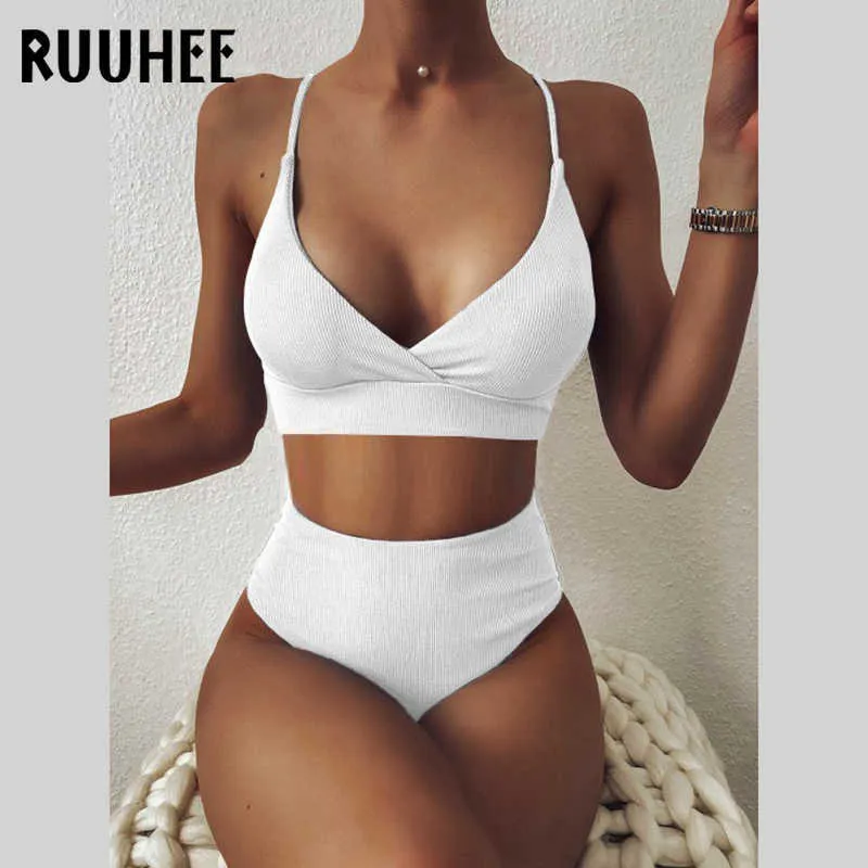 RUUHEE Frauen Badeanzug Gerippte Hohe Taille Solide Schwarz Weiß Push-Up Bikini Sets Bademode Weibliche mit Gepolsterte Badeanzug 210621