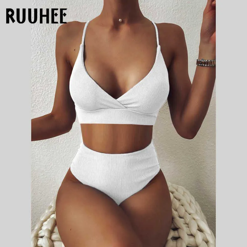 Ruuheeの女性の水着のribbed high whiest solid black white push up bikini setsの水着の女性210621