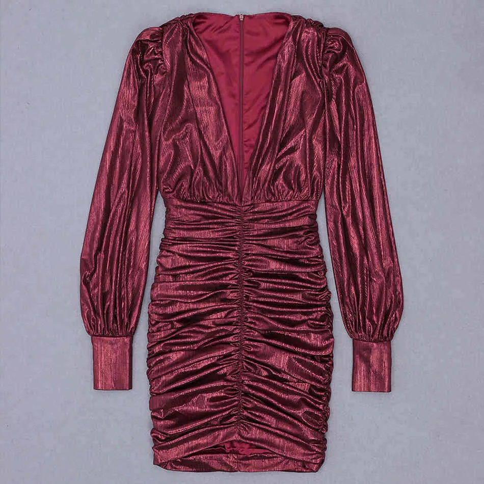 Robe violette pour femmes gratuites sexy col en V lanterne à manches longues moulante drapée club soirée mini robes 210524