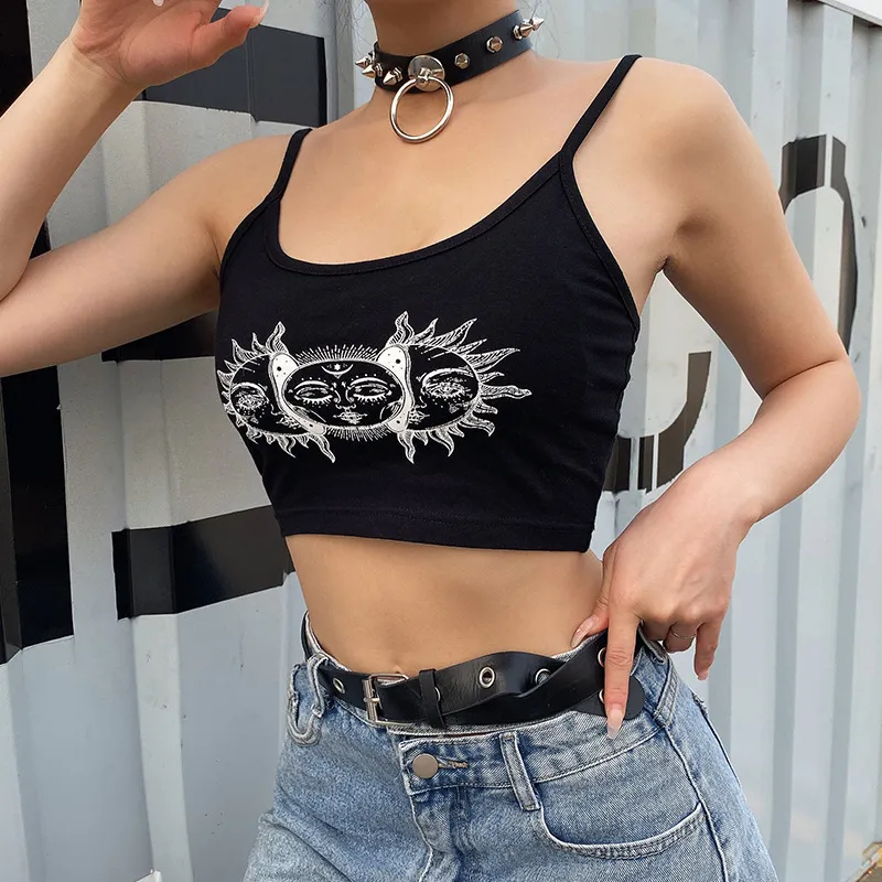 Ezgaga Canotta da donna Fashion Base Gothic Sun Print Slim Ladies Crop Canotta senza maniche Sport Sexy Y2k Top Streetwear Casual 210430