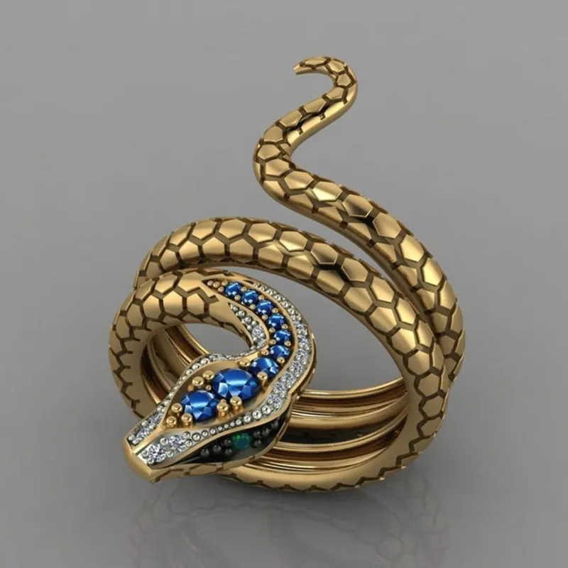 Punk Snake Rings Animal Punk Vintage Ring for Men Women Retro Opening Adjustable Ring Wrap Finger Ring Creative Blue Eye