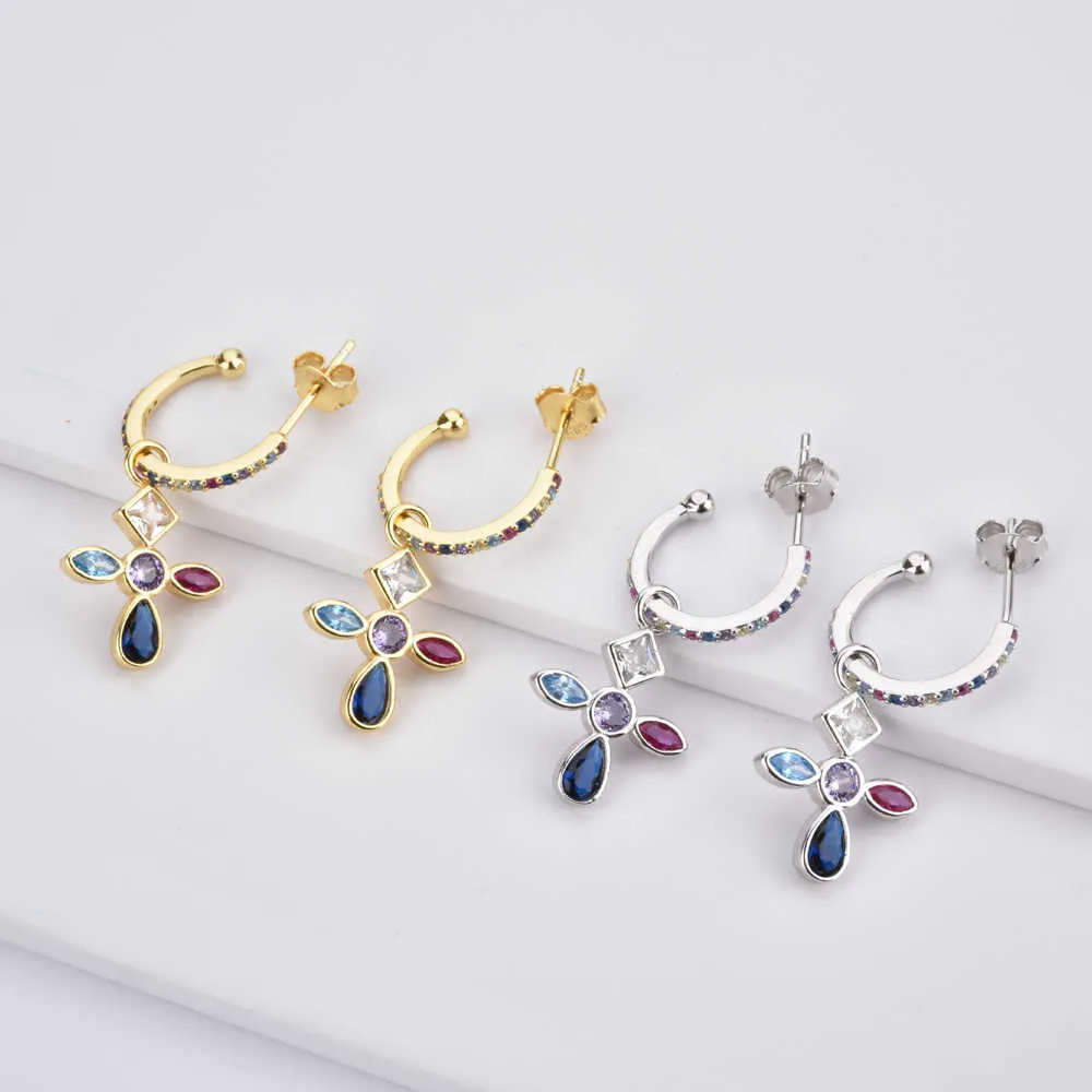 Andywen 925 Sterling Silver Five Color Cross Ringar Kvinnor Lyx Rainbow Fashion Fine Smycken för Euorpean Crystal 210608