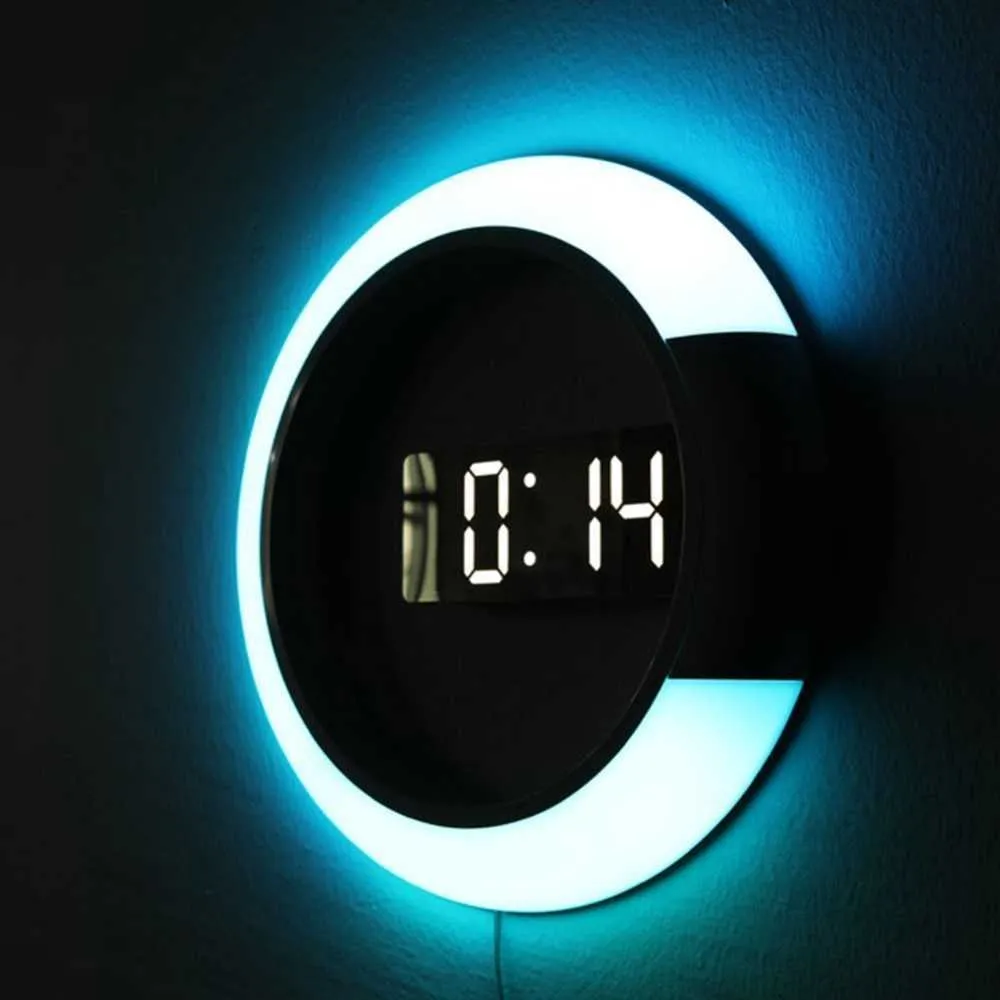 3D LED horloge murale Horloge de table numérique Alarme Miroir Horloge murale creuse Design moderne Veilleuse pour la maison Salon Silencieux 210930