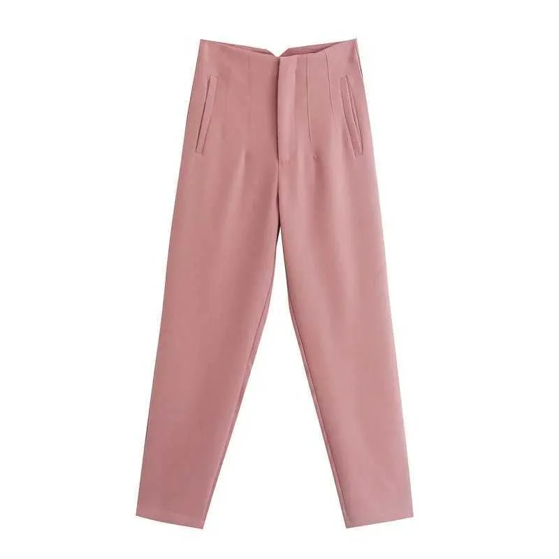 TRAF Pants ZA Dames 2021 Mode Hoge Taille Office Dame Y2K Rits Chic Pocket Straight Suits Pant Koreaanse Mode Broek Mujer Q0801