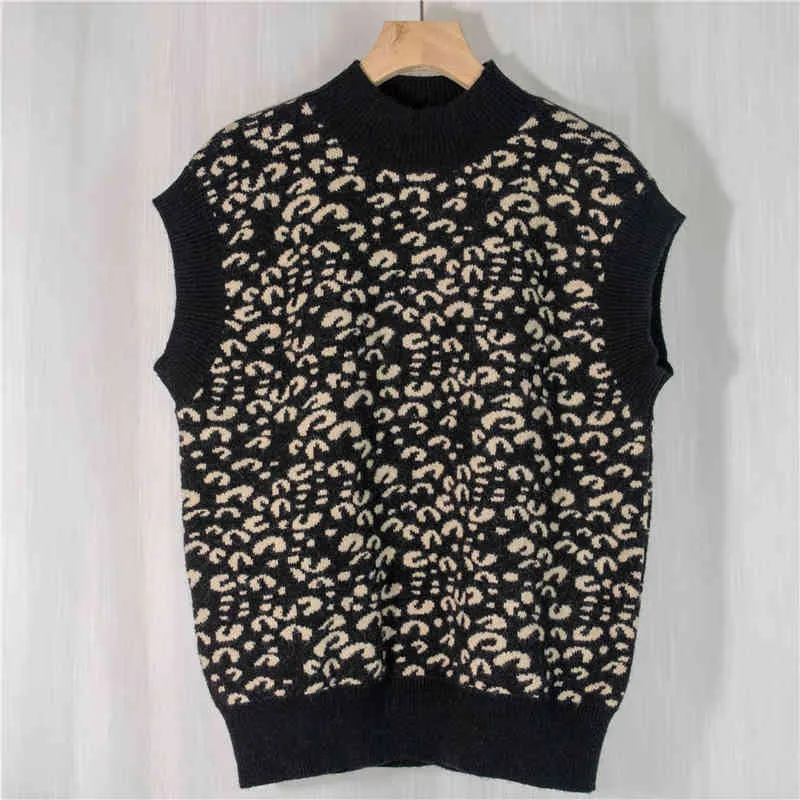 Leopard Stickad tröja Vest Women Sleeveless Polo koreanska Vintage Fashion Pullover Mujer 210.514