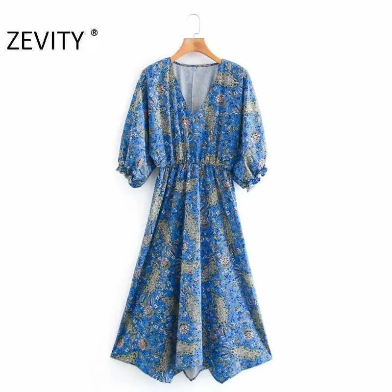 Zevity Womenビンテージトーテムフラワープリントシャツドレスレディスリーブカジュアルキモノヴェストドシック弾性ウエストドレスDS4508 210603