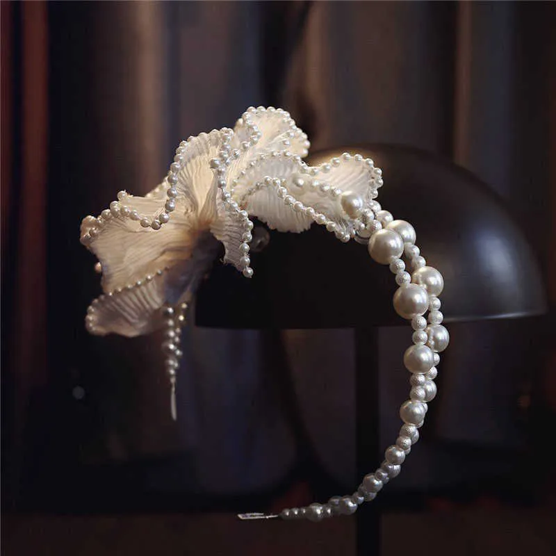 ブライダルヘアジュエリーフラワーヘッドバンドティアラス真珠のビーズヘッドピースの冠女性の女の子ヘッドドレスの結婚式のアクセサリー211019