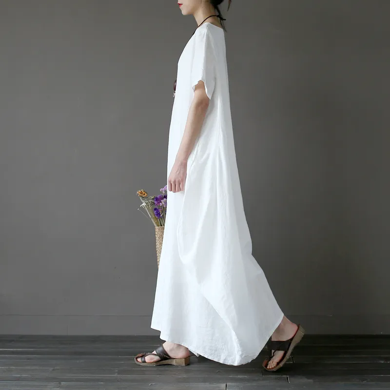 Johnature Женское платье 3 цвета O-образным вырезом с коротким рукавом хлопчатобумажные одежды лето свободные повседневные женские ткани Maxi платье 210521