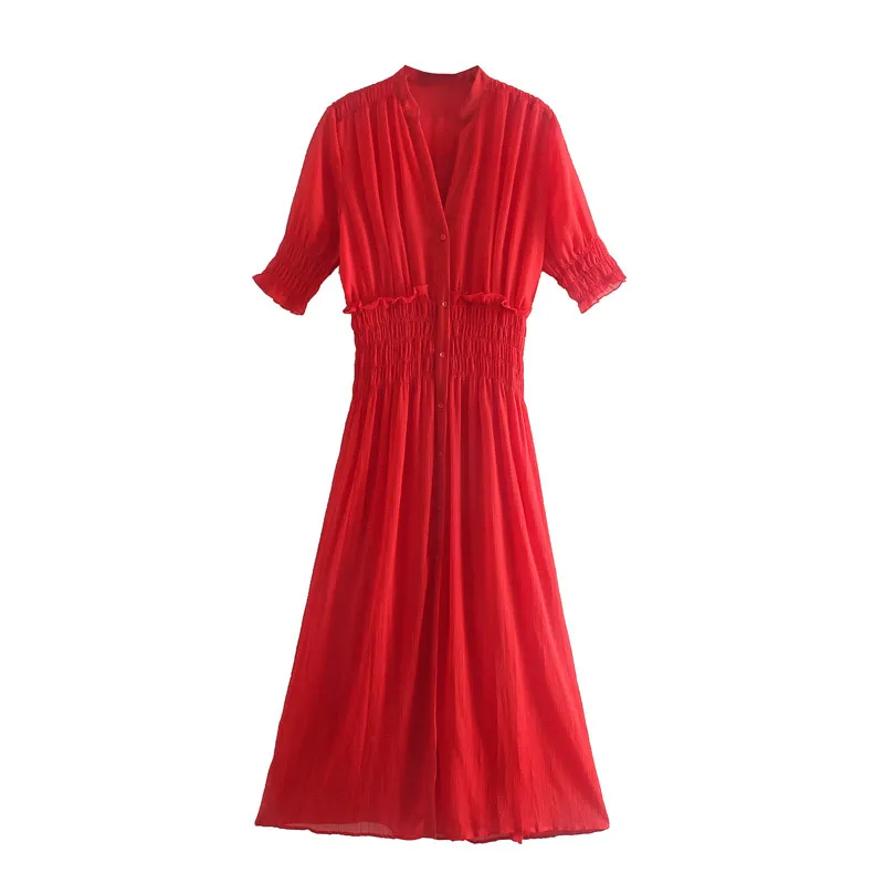 VUWWYV robes été femme rouge en mousseline de soie froncé longue robe femmes mode à manches courtes fête Vestido taille élastique boutons 210430