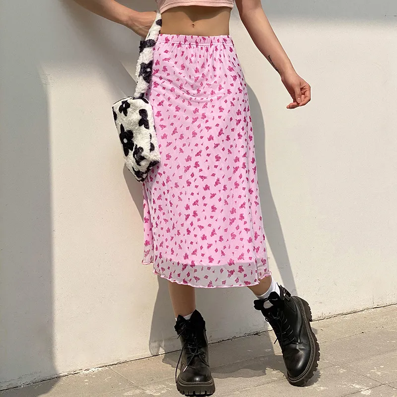 Cute Różowy Kwiatowy Midi Y2K Spódnice Kobiet 2021 90. Estetyczne Serce Drukuj Kawaii Długa Spódnica Dwuwarstwowa Mesh Spódnice Dla Teen Girls X0428
