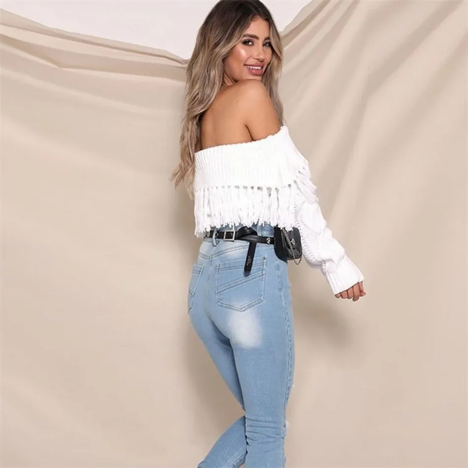 Ücretsiz Moda Fringed Kazak Kadın Straplez Uzun Kollu Sıska Katı Renk Kulübü Parti Seksi Halter Top 210524