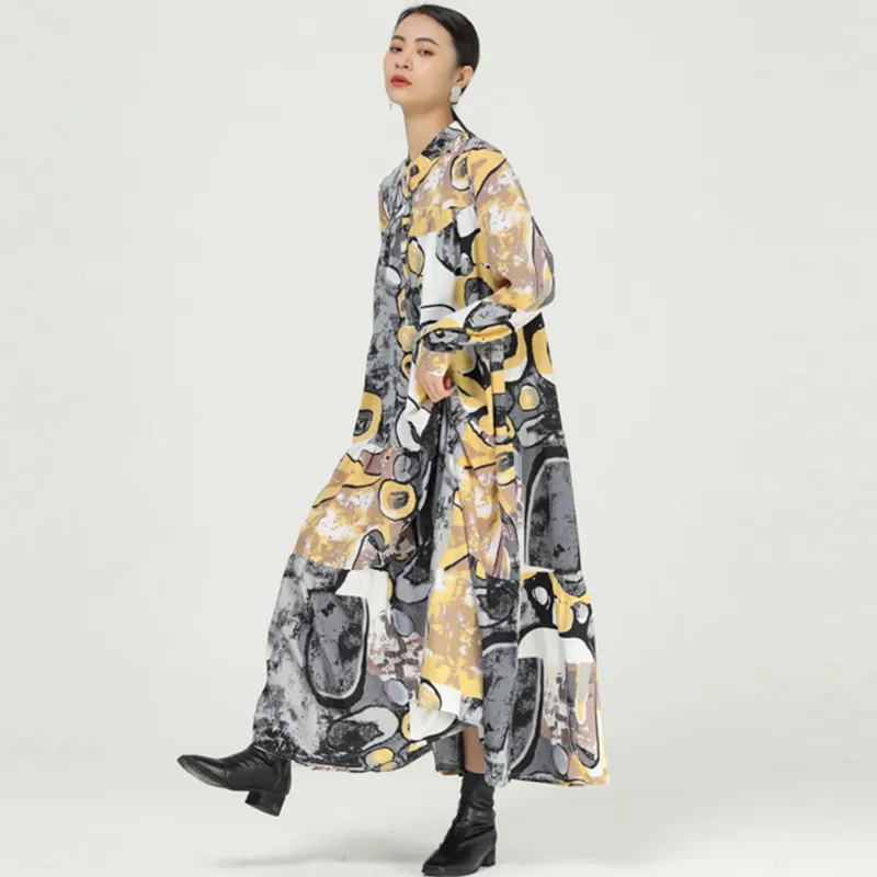 [EAM] Women Black Big Size Printing Tie Dye Dress Stand Collar Long Sleeve Loose Fit Fashion Spring Summer 1DD5921 210512