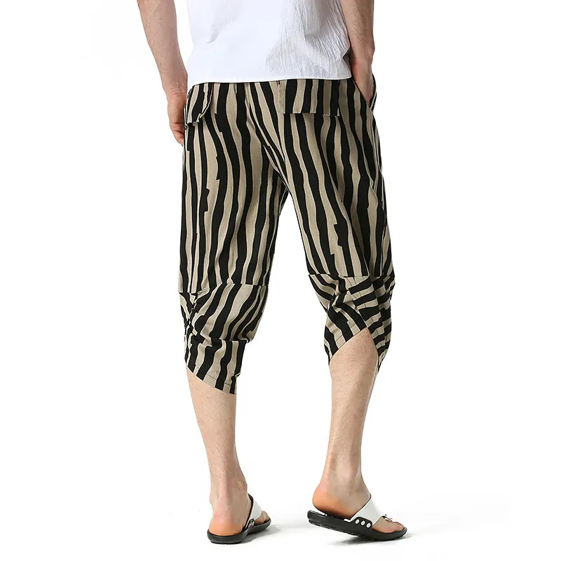 Çizgili Erkek Pantolon Keten Buzağı Uzunlukta Baskı Pantolon Erkekler Hawaii Baggy Harem Pantolon Rahat Nefes Harajuku Streetwear 210524