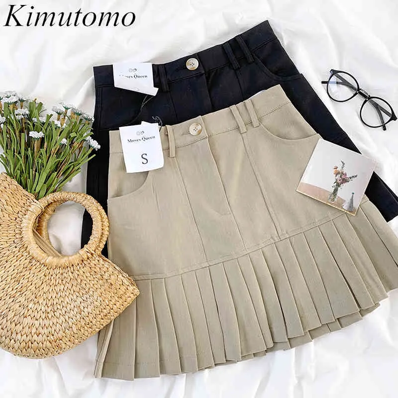 Kimutomo Vintage Solid Kjolar Kvinnor Preppy Style Enkel Alla Matchande Hög Midja Sommar Japansk Mode Pläterad Mini Skirt 210521