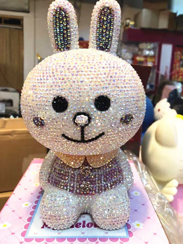 Figurine ours lapin scintillant en strass collants, bricolage complet de diamants, tirelire, décor de bureau, Anime, décoration de maison très brillante