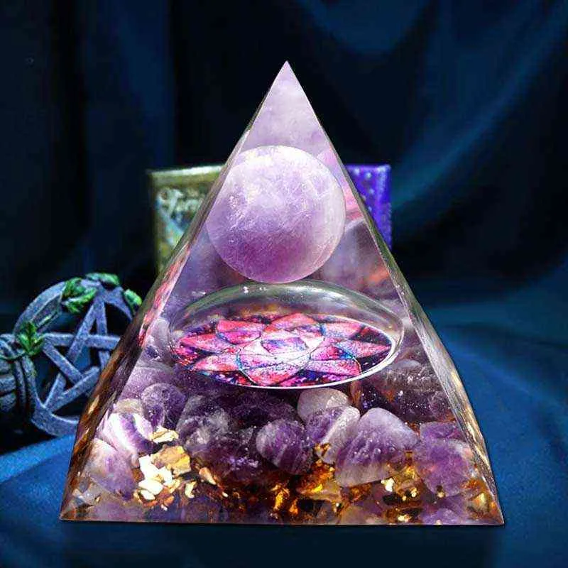 Pirâmide de Orgonite Feito à Mão 60mm Esfera de Cristal Ametista Com Pedra Cristal Natural Cura Energética Orgonite 211101294i