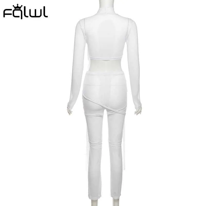 FQLWL Summer Bandage Mesh 2 Completi da donna Completi da donna Top corto a maniche lunghe Pantaloni trasparenti Tute Completi coordinati casual 2021 Y0625