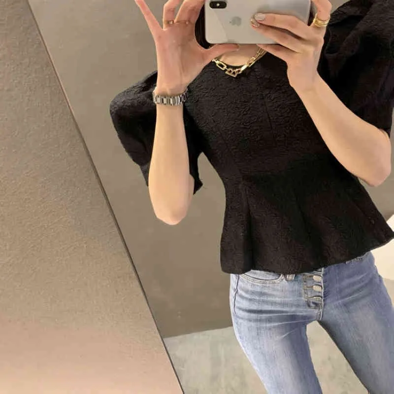 Korea Style Chic Bubble Sleeve Round Neck Women Blosue Short Slim Shirt Office Lady Top Female 13945 210508