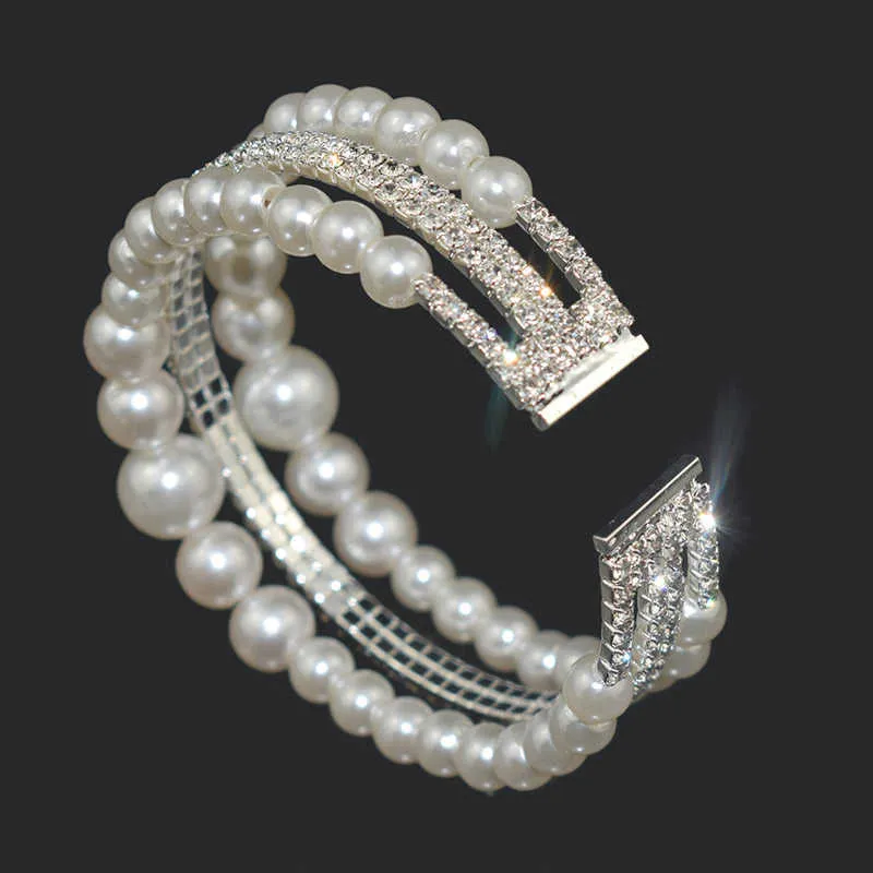 Brazaletes elegantes de moda para mujer/niña chapados en plata con perlas y diamantes de imitación, pulseras de cristal, brazaletes, regalo de joyería Q0719